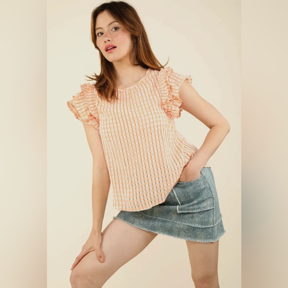 NWT New In Orange Checkered Gingham Ruffled Blouse